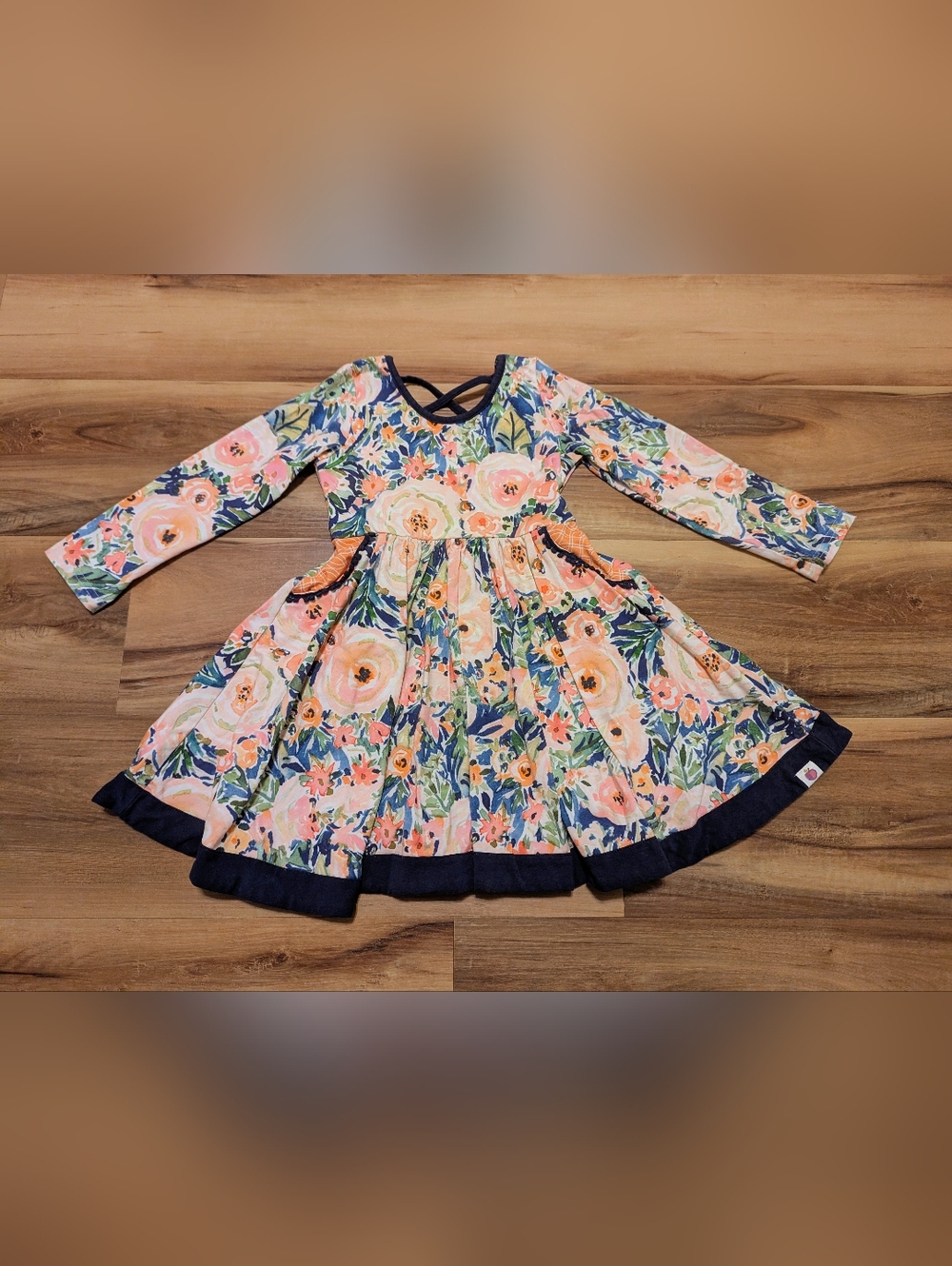 Cheeky Plum Floral Long Sleeve Twirl Dress in Peach, Navy, and Green 5t